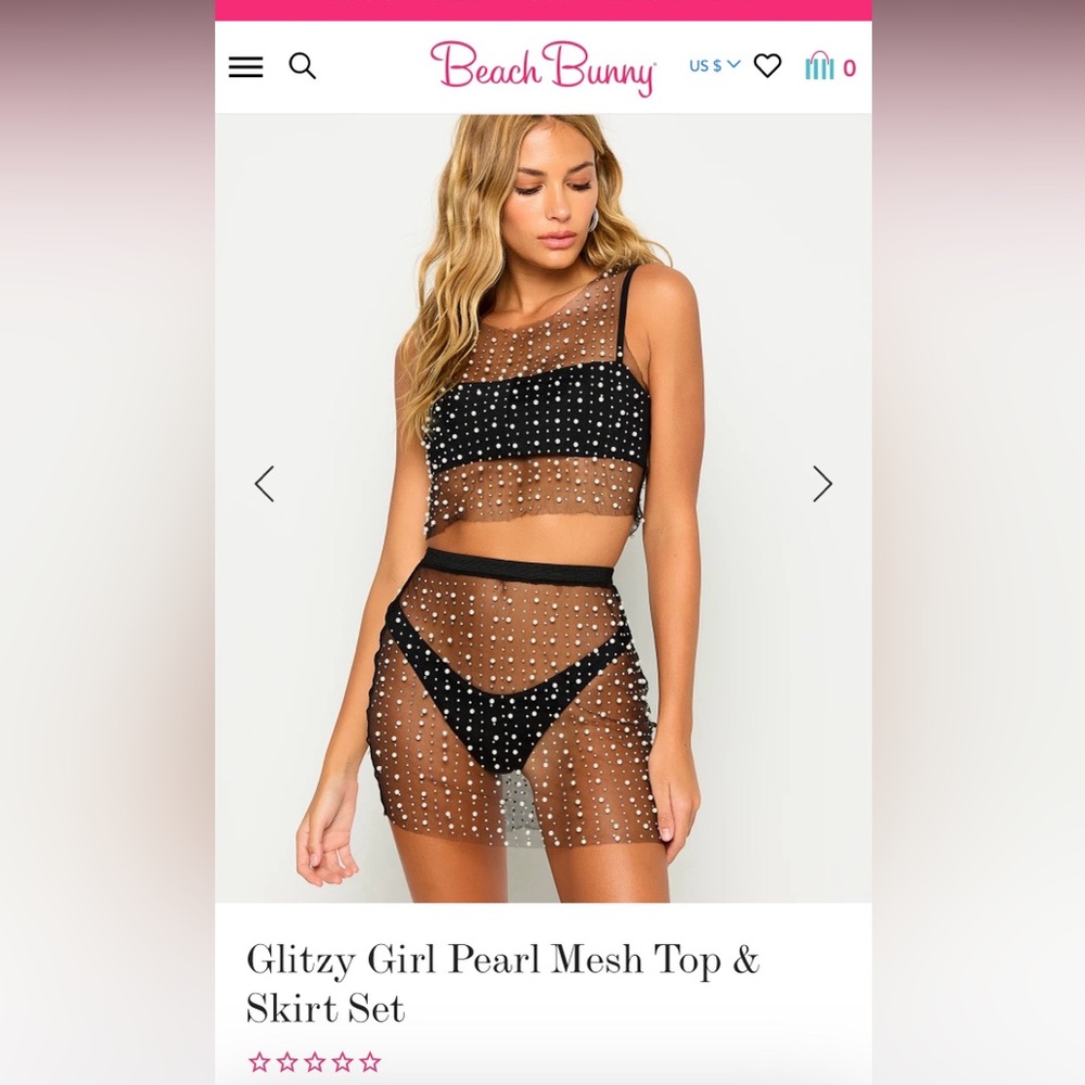 Beach Bunny glitzy girl pearl mesh top and matching skirt in black